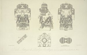 Idolo azteco di porfido basaltico, trovato sotto la Grand Plaza di Città del Messico, inciso da Cloquet, illustrazione da 