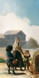 Una donna e due bambini vicino a una fontana da Francisco de Goya