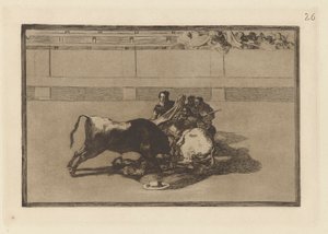 Caduta di un picador dal suo cavallo sotto il toro, Tavola 26 da La tauromachia da Francisco de Goya