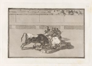 Caduta di un picador dal suo cavallo sotto il toro, Tavola 26 da La tauromaquia da Francisco de Goya