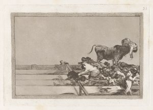 Desgracias acaecidas en el tendido de la plaza de Madrid, y muerte del alcalde de Torrejon, Tavola 21 da La tauromaquia da Francisco de Goya