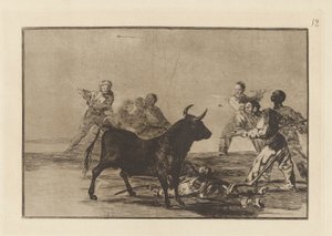 Desjarrete de la canalla con lanzas, medias-lunas, banderillas y otras armas (La marmaglia azzoppa il toro con lance, falcetti, banderillas e altre armi), Tavola 12 da La tauromaquia da Francisco de Goya