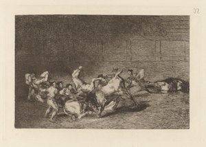 Due gruppi di picadores arrotolati di seguito da un solo toro, Tavola 32 da La tauromaquia da Francisco de Goya