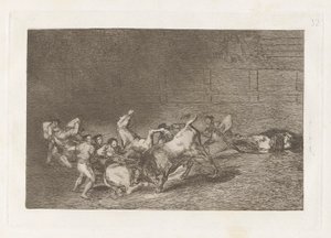 Dos grupos de picadores arrolados de seguida por un solo toro, Tavola 32 da La tauromaquia da Francisco de Goya