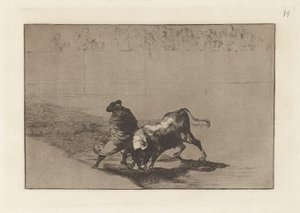El diestrísimo estudiante de Falces, embozado burla al toro con sus quiebros, Tavola 14 da La tauromaquia da Francisco de Goya