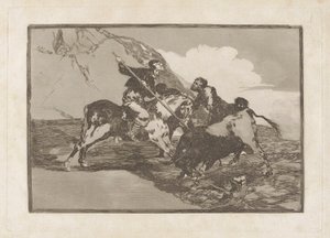 Modo con cui gli antichi spagnoli cacciavano i tori a cavallo in campo aperto, Tavola 1 da La tauromachia da Francisco de Goya