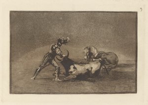 Un cavaliere spagnolo uccide un toro dopo aver perso il cavallo, Tavola 9 da La tauromachia da Francisco de Goya