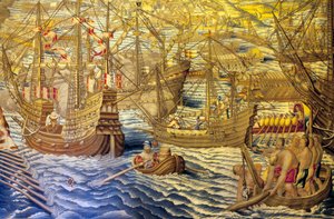 Le navi e il barkage - Conquista di Tunisi (dettaglio) - Arazzo di Francisco e Cornelius Van der Goten (XVIII secolo), tessuto alla fabbrica reale di arazzi, metà XVIII secolo, dopo l