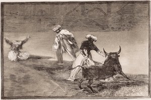 Corrida: I Mori giocano con il mantello con un altro toro in un recinto da Francisco de Goya