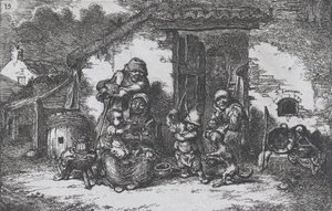 Tavola 19: una famiglia e un ragazzo che gioca con un cane fuori da una casa, dalla serie di costumi..., 1850 da Francisco Lameyer Berenguer