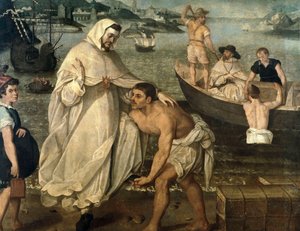 San Pietro Nolasco (1189-1256) si imbarca per liberare i prigionieri cristiani tenuti in ostaggio dai pirati moreschi per essere venduti come schiavi in Africa (dipinto)