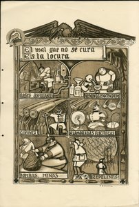 Illustrazione di Francisco Sancha Lengo - Foglio volante, circa 1915 - El mal que no se cura es la locura - Guerra del 14-18, Germania Prussia, Gas asfissiante, Lingua spagnola, Stampa estera da Francisco Sancha y Lengo