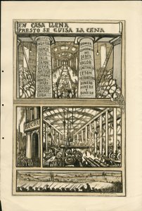 Illustrazione di Francisco Sancha Lengo - Foglio volante, circa 1915 - En casa llena presto se guisa la cena - Guerra del 14-18, Cannoni, proiettili, Fabbriche industriali, Lingua spagnola, Mobilitazione, Stampa estera