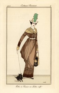 Donna in abito panier in raso color caffè con cane da compagnia, incisione dal Journal des Dames et des Modes di Tommaso Antongini, Aux Bureaux du Journal des Dames, Parigi