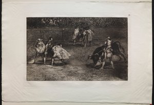 Corride: Un torero montato sulle spalle di un assistente, infilza un toro da Francisco de Goya