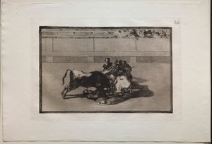 Corride: Un picador è disarcionato e cade sotto il toro da Francisco de Goya