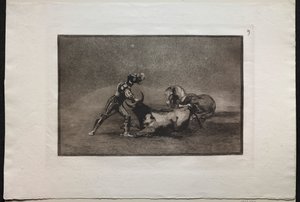 Corride: Un cavaliere spagnolo uccide il toro dopo aver perso il cavallo da Francisco de Goya