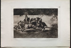 Corride: Il potente Rendon trafigge un toro con la picca, dal quale passaggio morì..., 1876 da Francisco de Goya