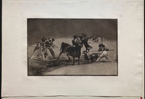 Corride: I Mori usano gli asini come barriera per difendersi dal toro le cui corna sono state coperte con palle da Francisco de Goya