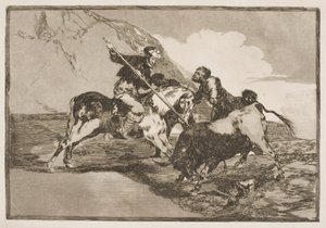 Il modo in cui gli antichi spagnoli a cavallo cacciavano i tori nella pianura da Francisco de Goya