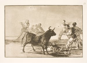 Il popolo ferisce il toro con lance, falci, banderillas e altre armi da Francisco de Goya