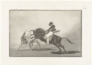 Mariano Ceballos che cavalca un toro (serie: La Tauromaquia, Corride)
