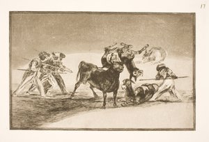 I Mori usano gli asini come barriera per difendersi dal toro, le cui corna sono state dotate di sfere da Francisco de Goya
