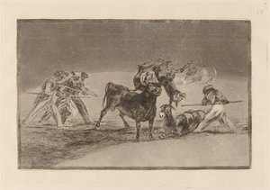 I Mori usano gli asini come barriera per difendersi dal toro con le corna coperte di sfere da Francisco de Goya