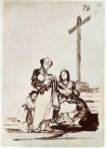 Donne e bambini vicino a una croce (incisione)
