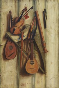 Partizione del tavolo con strumenti musicali. Trompe l