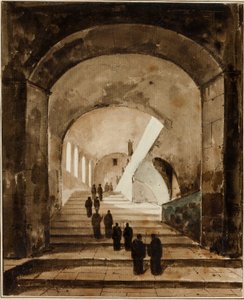Monaci sulla scala della Villa di Mecenate a Tivoli