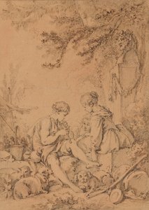 Un giovane pastore che suona il flauto per due giovani pastorelle da François Boucher