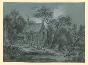 Casa con una scala tra gli alberi, davanti alla quale c’è un pescatore da François Boucher