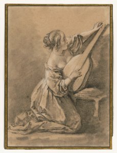 Giovane donna inginocchiata che accorda un liuto da François Boucher