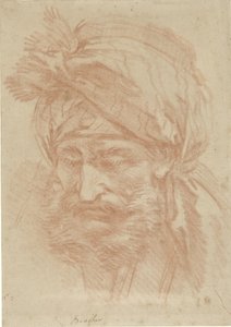 Testa di un orientale barbuto con turbante, vista frontale, con lo sguardo rivolto verso il basso da François Boucher