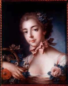 Ritratto di una giovane donna appoggiata a un cesto di fiori