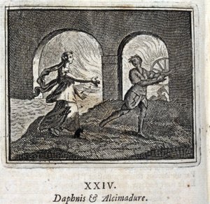 Dafni e Alcimadura. Favole di Jean de La Fontaine (1621-95). Illustrazione di François Chauveau (1613-1676). Edizione del 1728.
