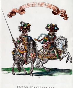 Scudiero e paggio persiano durante il carosello dato da Re Luigi XIV. Incisione di Francois Chauveau ca. 1662 Collezione privata