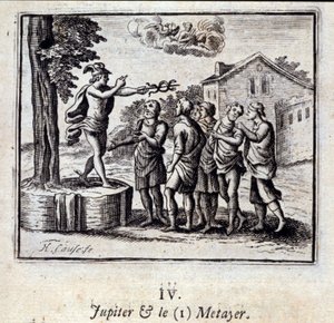 Giove e il Metayer. Favole di Jean de La Fontaine. Illustrazione di François Chauveau. Edizione del 1728 da Francois Chauveau