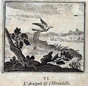 Il Ragno e la Rondine. Favole di Jean de La Fontaine (1621-95). Illustrazione di François Chauveau (1613-1676). Edizione del 1728