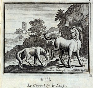 Il Cavallo e il Lupo. Favole di Jean de La Fontaine (1621-95). Illustrazione di François Chauveau (1613-1676). Edizione del 1728 da Francois Chauveau