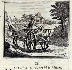 Il maiale, la capra e la pecora. Favole di Jean de La Fontaine. Illustrazione di François Chauveau. Edizione del 1728. da Francois Chauveau