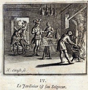 Il giardiniere e il suo signore. Favole di Jean de La Fontaine. Illustrazione di François Chauveau. Edizione del 1728 da Francois Chauveau