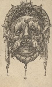 Maschera con sopracciglia lunghe e baffi e un copricapo con stoffa pendente, da Dive..., ca. 1635-45