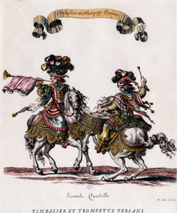 Timbalier e trombettiere persiani durante il carosello offerto dal re Luigi XIV (1639-1715). Incisione di François Chauveau (1613-1676) circa 1662. Collezione privata
