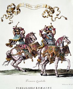 Timpanisti romani durante il carosello dato dal re Luigi XIV (1638-1715) nel 1662. Incisione di Francois Chauveau (1613-1676) XVII secolo Collezione privata