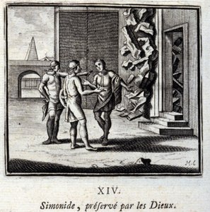 Simonide salvato dagli Dei. Favole di Jean de La Fontaine (1621-95). Illustrazione di François Chauveau (1613-1676). Edizione del 1728 da Francois Chauveau
