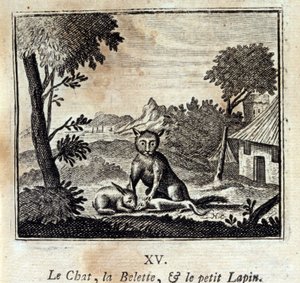 Il gatto, la donnola e il coniglietto. Favole di Jean de La Fontaine. Illustrazione di François Chauveau. Edizione del 1728.