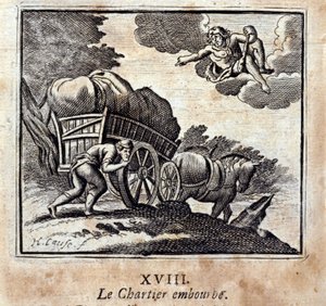 Il carrettiere è infastidito. Favole di Jean de La Fontaine. Illustrazione di François Chauveau. Edizione del 1728.