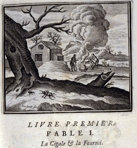 La cicala e la formica. Favole di Jean de La Fontaine. Illustrazione di François Chauveau. Edizione del 1728.